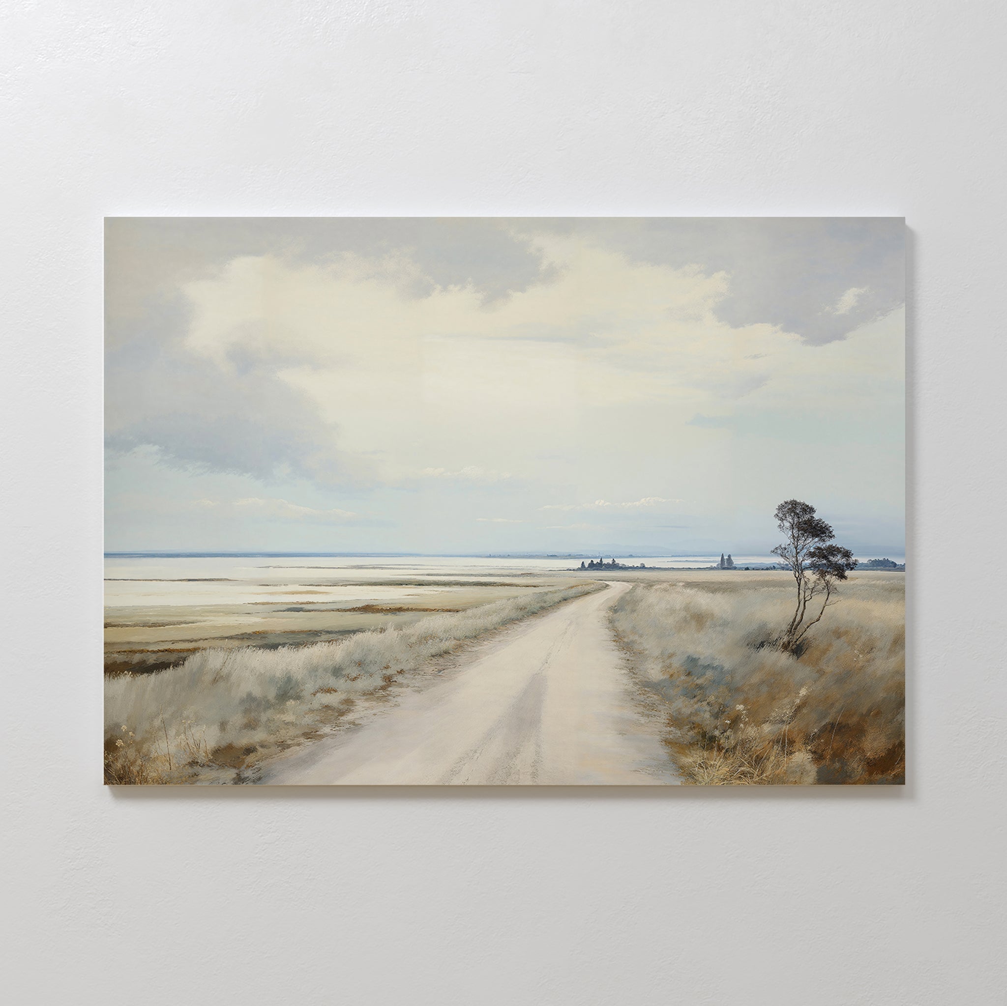 Far Light Canvas Art captures a quiet dirt road winding through grassy plains under cloudy skies, with distant and foreground trees—ideal minimalist decor or serene wall art for any space.
