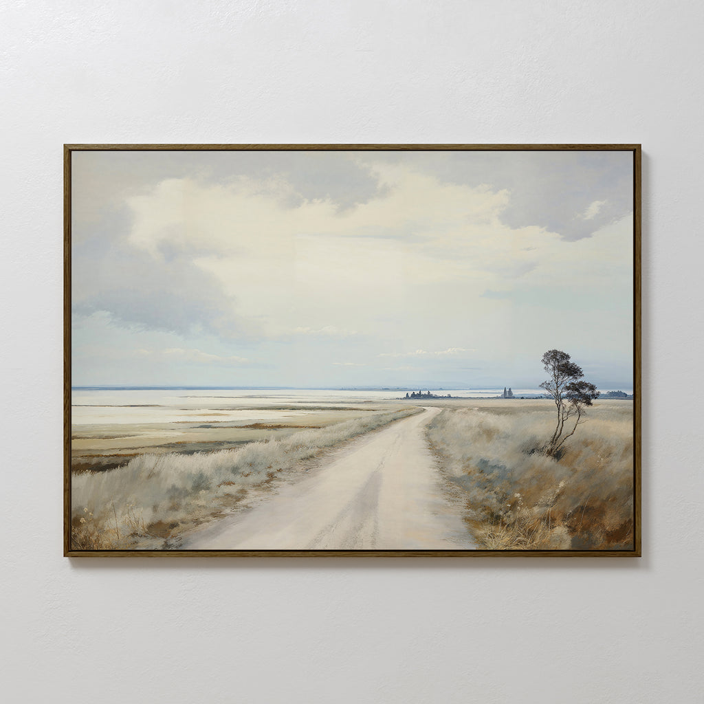 Far Light Canvas Art features a serene rural landscape with a dirt road, grassy fields, and trees beneath a cloudy sky. Its muted tones make it an ideal choice for minimalist home decor.
