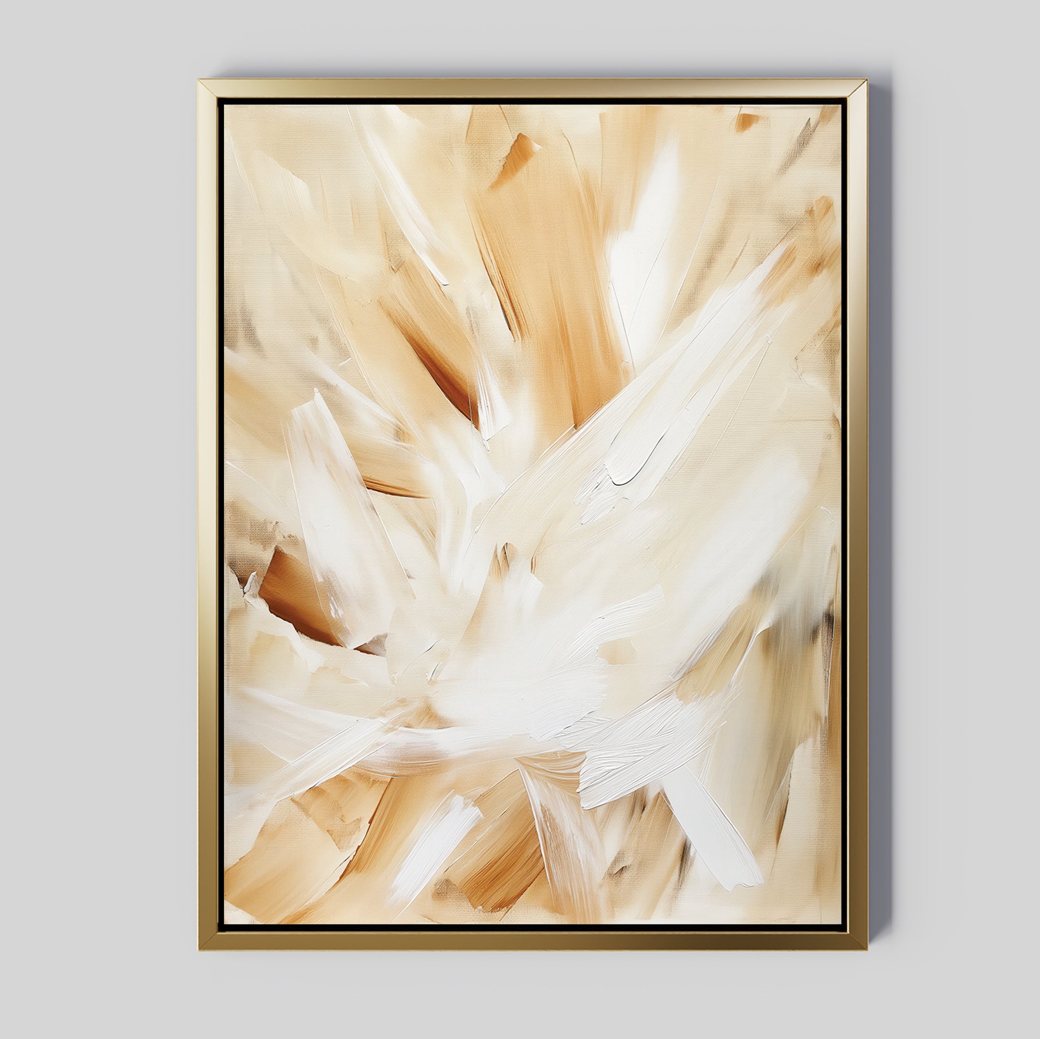 Feathered Touch Abstract Canvas Art features broad, sweeping brushstrokes in warm beige, tan, and white with a thin gold frame—an elegant abstract design perfect as home decor or a wall art print against light gray walls.