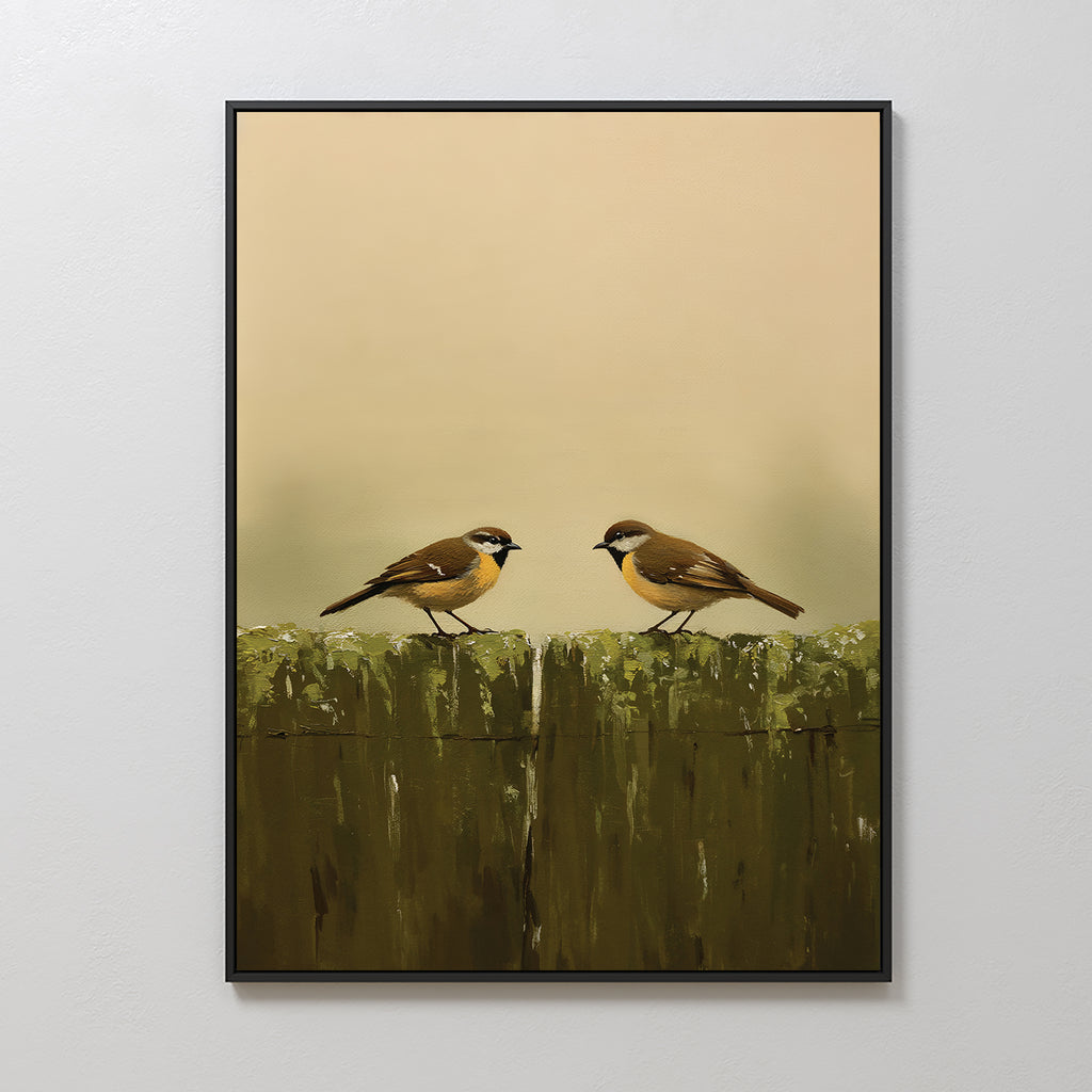 Fence Companions Canvas Art features two small brown birds with white markings on a weathered fence, set against a soft beige background—ideal for bringing Nordic Park charm to your rustic bedroom decor.
