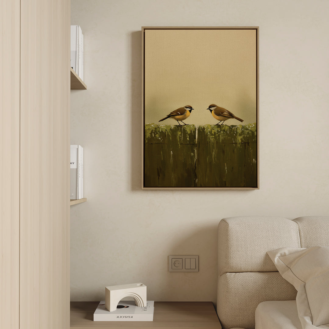 The Fence Companions Canvas Art features two small birds on a green wooden fence, hanging above a cream sofa in this modern, minimalist living room and adding Nordic Park charm to the decor.