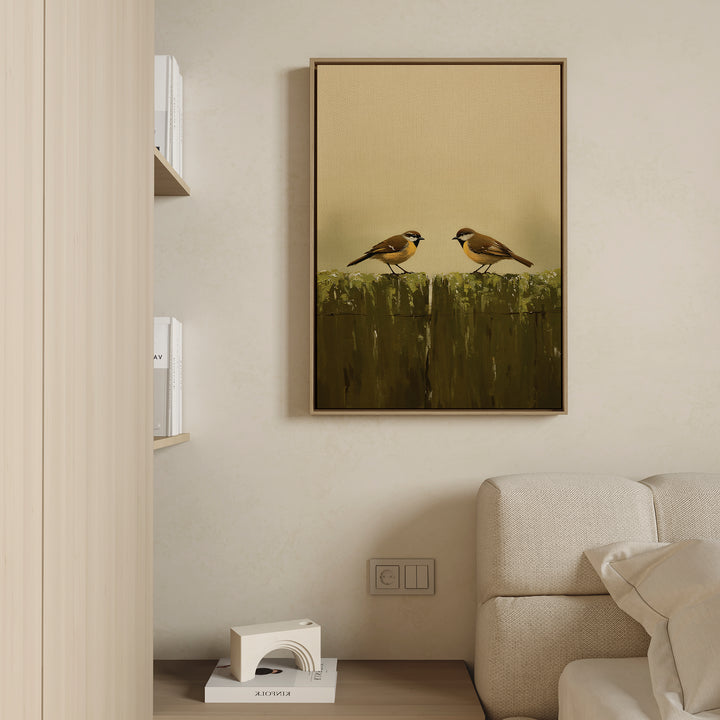 The Fence Companions Canvas Art features two small birds on a green wooden fence, hanging above a cream sofa in this modern, minimalist living room and adding Nordic Park charm to the decor.
