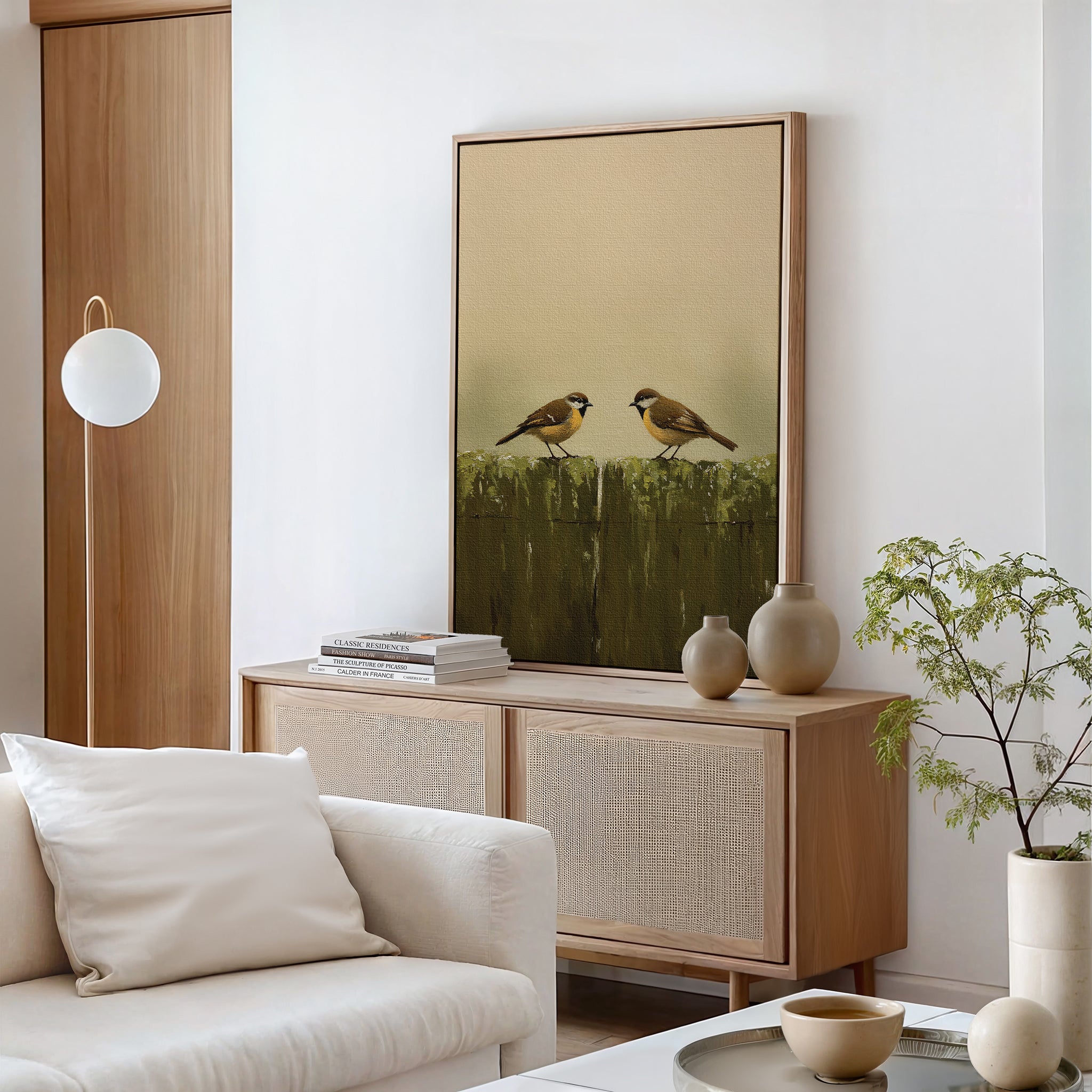 A minimalist living room with a light wood sideboard, beige vases, stacked books, the Fence Companions Canvas Art featuring two birds, a white sofa with cushions, and a small green plant on a round coffee table.