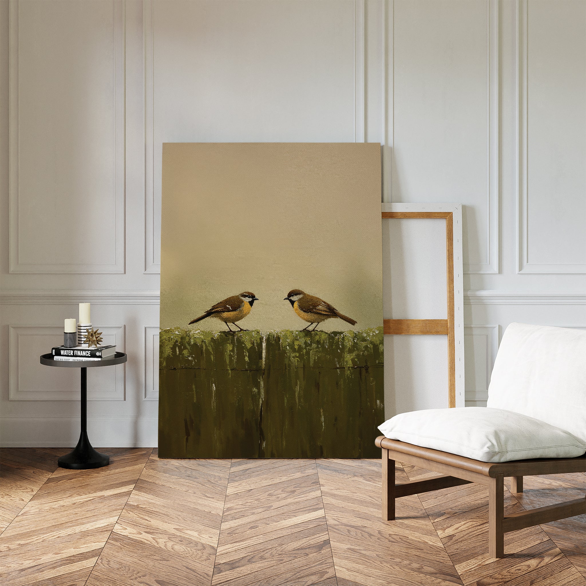 The Fence Companions Canvas Art, featuring two small birds on a green fence, leans against a white paneled wall in a stylish room with herringbone wood floors, a cushioned chair, and a round black side table with candles and books.