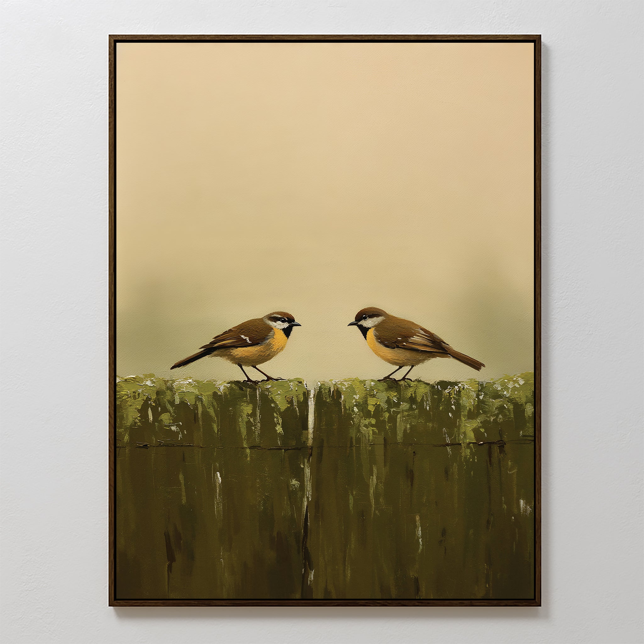 Fence Companions Canvas Art features two small brown birds with white markings facing each other on a mossy green fence against a soft beige background—an ideal accent for your rustic bedroom decor.