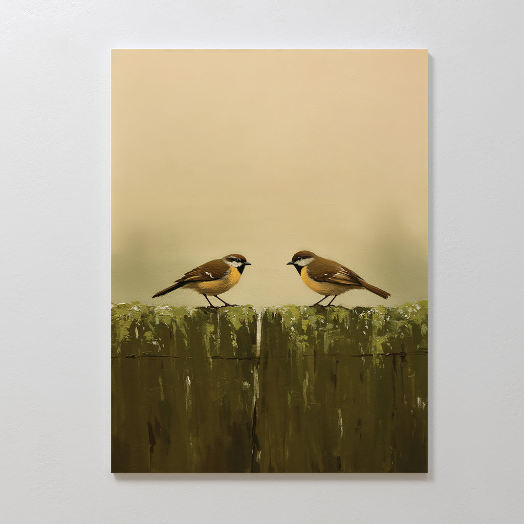 The Fence Companions Canvas Art features two small brown and yellow birds facing each other on a weathered wooden fence, set against a soft beige background—an ideal accent for adding charm to rustic bedroom decor.