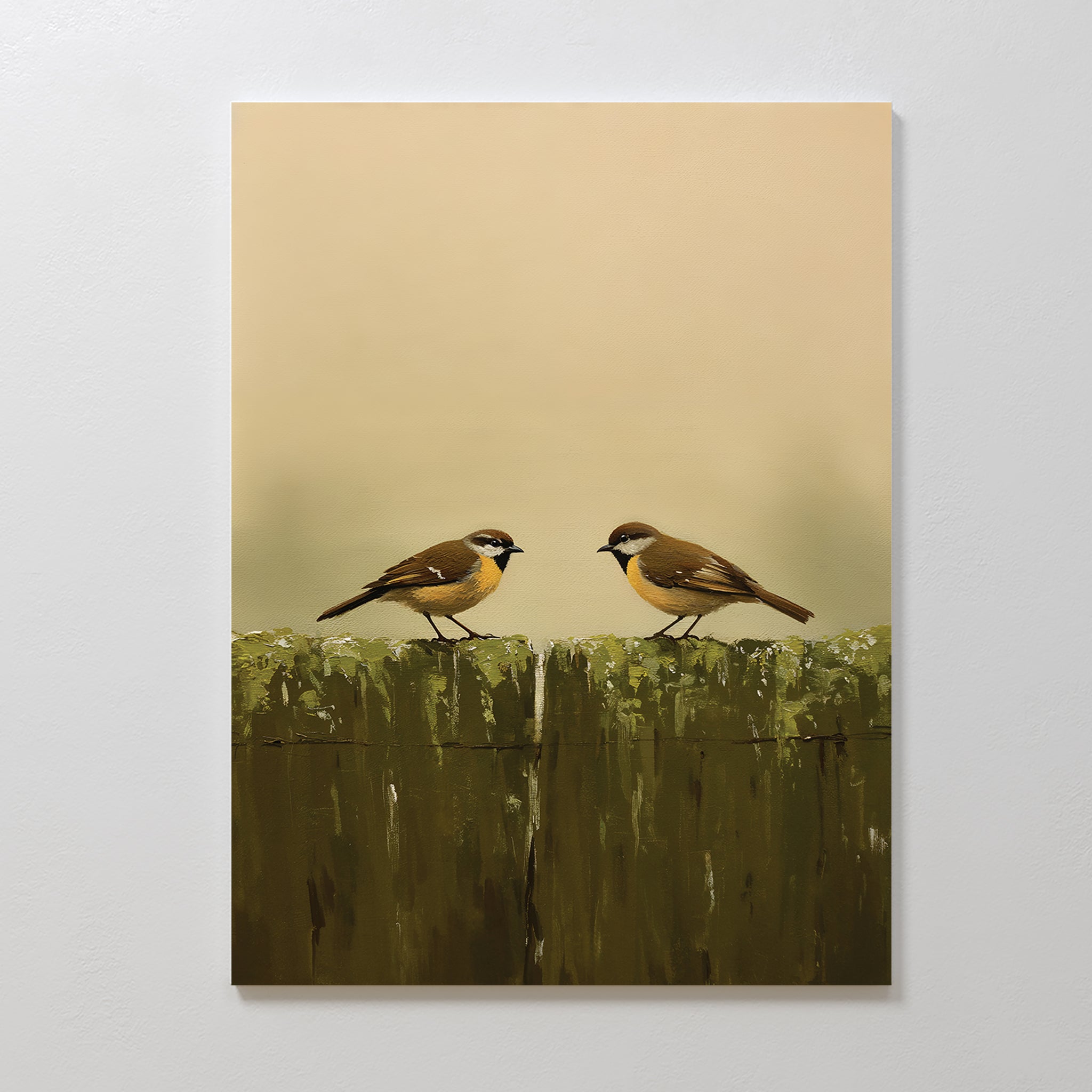 The Fence Companions Canvas Art features two small brown and yellow birds facing each other on a weathered wooden fence, set against a soft beige background—an ideal accent for adding charm to rustic bedroom decor.