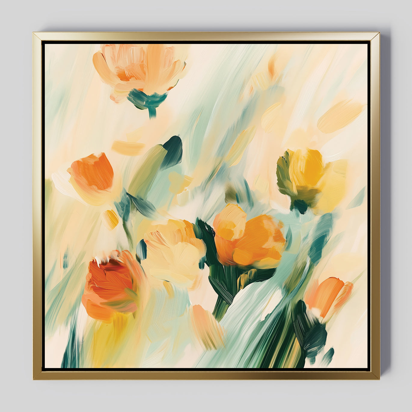 The Field Of Gold Canvas Art features abstract floral designs in warm orange, yellow, and green with soft brushstrokes and a gold frame. Its vibrant impressionistic style is ideal for enhancing modern living room decor.