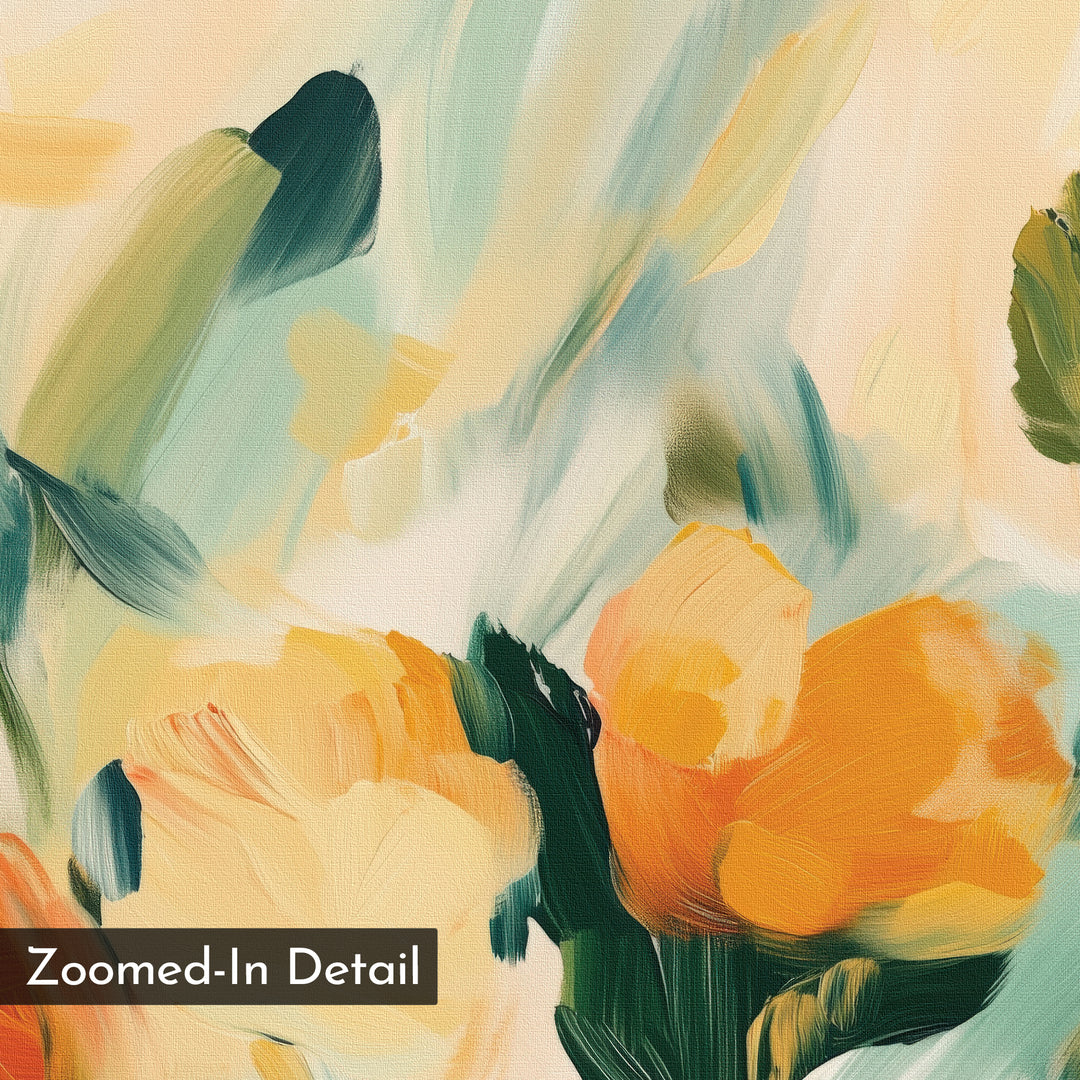 A close-up of the "Field Of Gold Canvas Art" shows bold, textured brushstrokes in yellow, orange, green, and teal, evoking abstract florals—ideal as modern floral wall art for your living room. Text: "Zoomed-In Detail" appears in the corner.