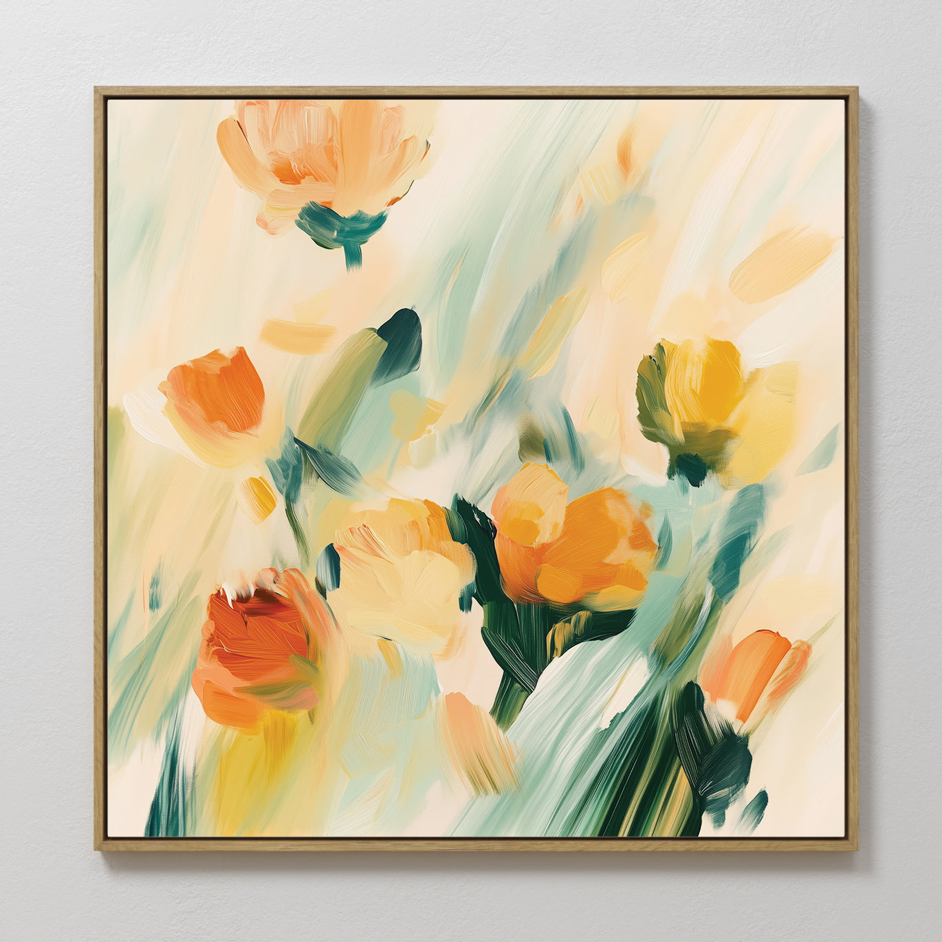 Field Of Gold Canvas Art showcases abstract floral designs in orange, yellow, and green on a light background. Simply framed and ideal for display on a white wall, it’s perfect for modern living room decor.