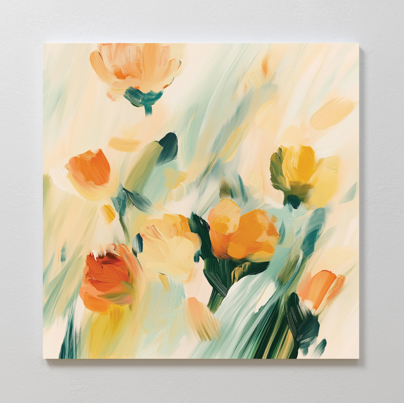 Field Of Gold Canvas Art features abstract orange and yellow flowers with green stems and leaves on a creamy background. Bold brushstrokes create a dreamy, impressionistic vibe, perfect for adding softness to modern living room décor.