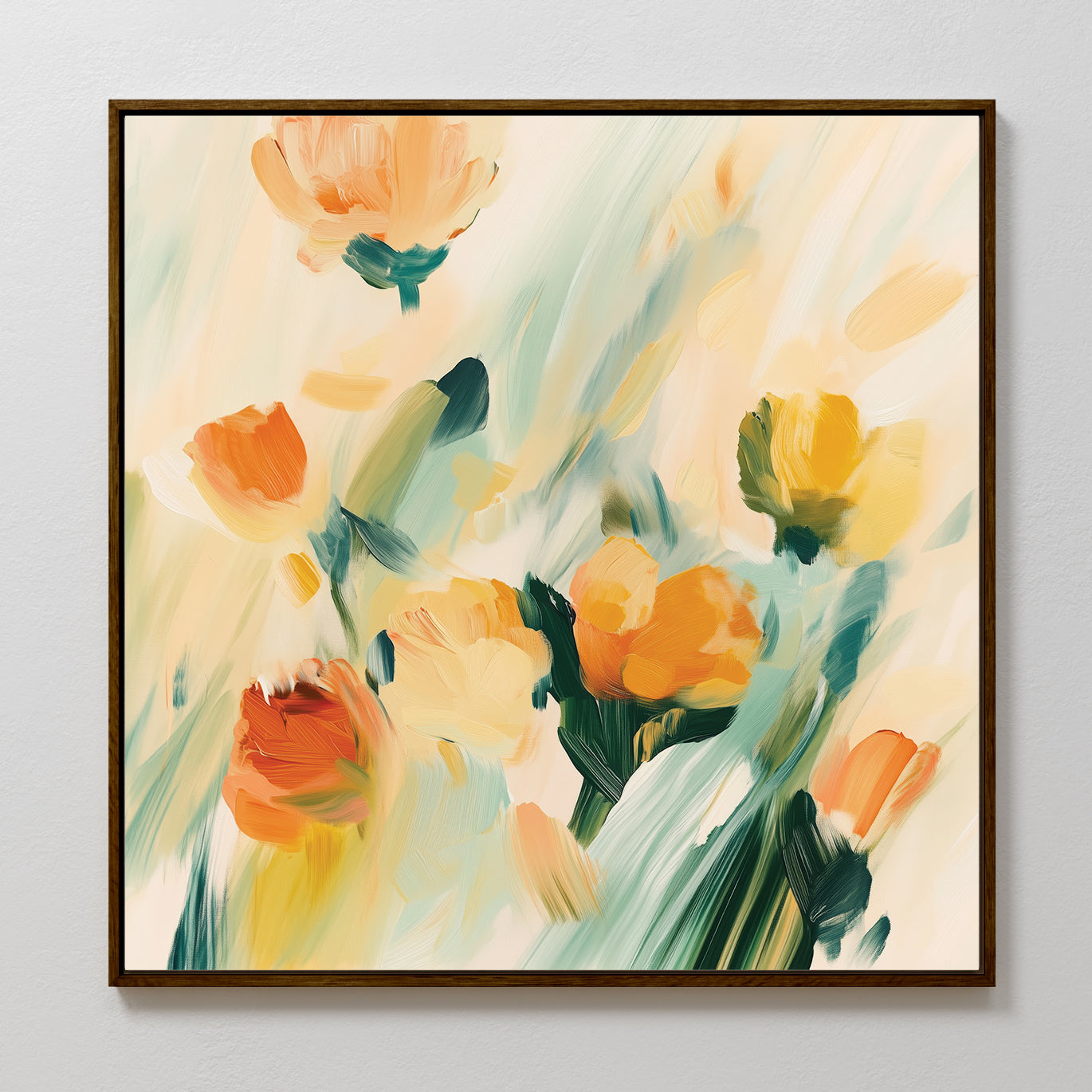 The Field Of Gold Canvas Art features an abstract painting of flowers in orange, yellow, and green tones with soft brushstrokes on a light background, adding a touch of elegance to modern living room decor.