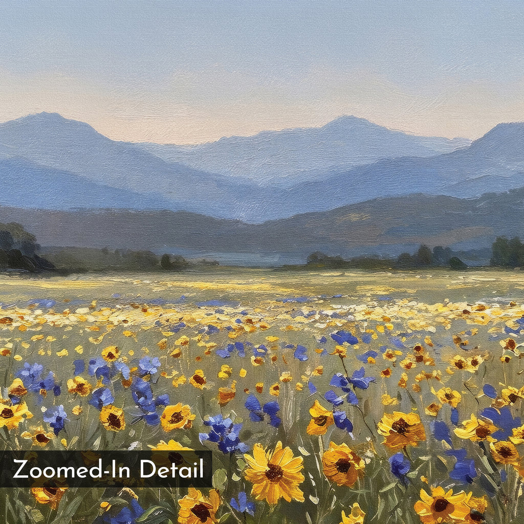 Fields of Color Canvas Art features a realistic landscape of yellow and blue wildflowers leading to distant mountains under a clear sky, offering modern home decor. Text reads: Zoomed-In Detail.