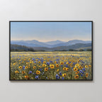 The Fields of Color Canvas Art features yellow and purple wildflowers beneath a blue sky, with rolling green hills and distant mountains—an ideal addition to modern home decor.