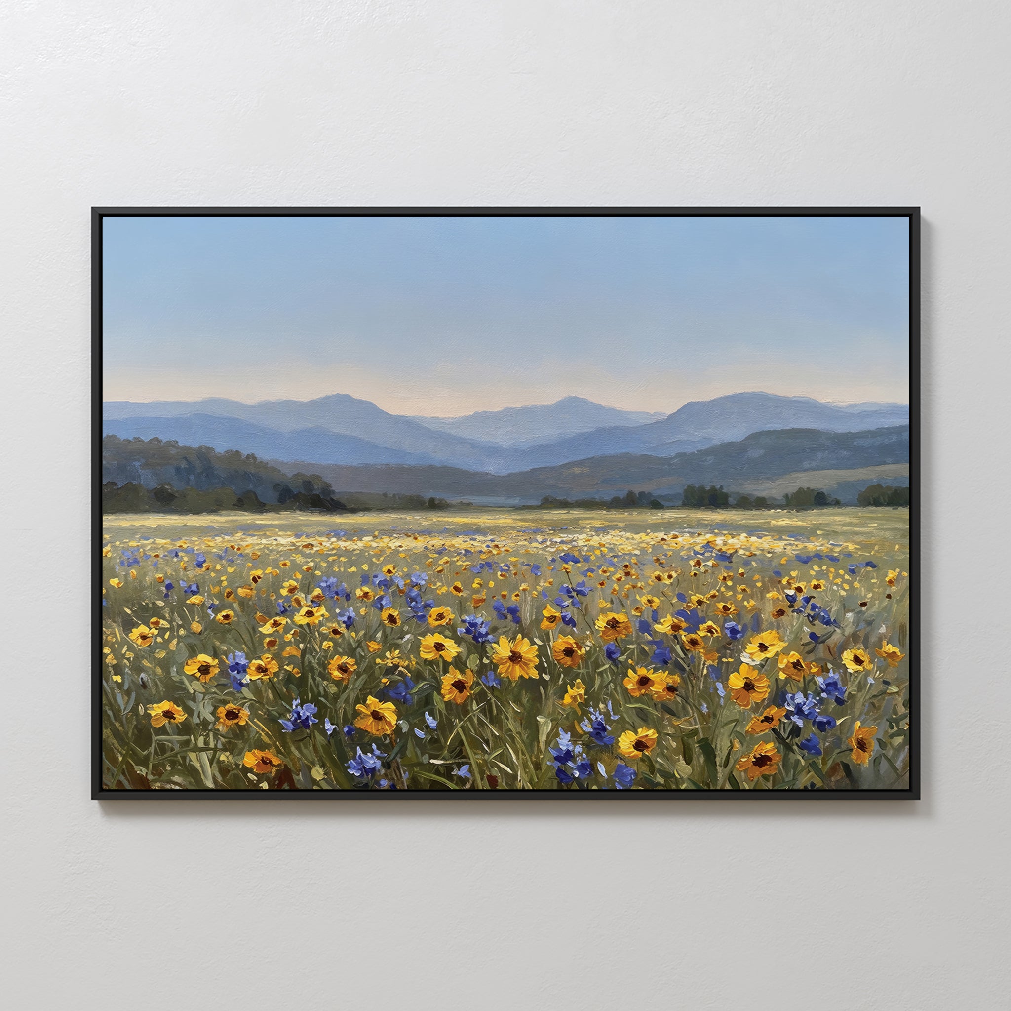 The Fields of Color Canvas Art features yellow and purple wildflowers beneath a blue sky, with rolling green hills and distant mountains—an ideal addition to modern home decor.