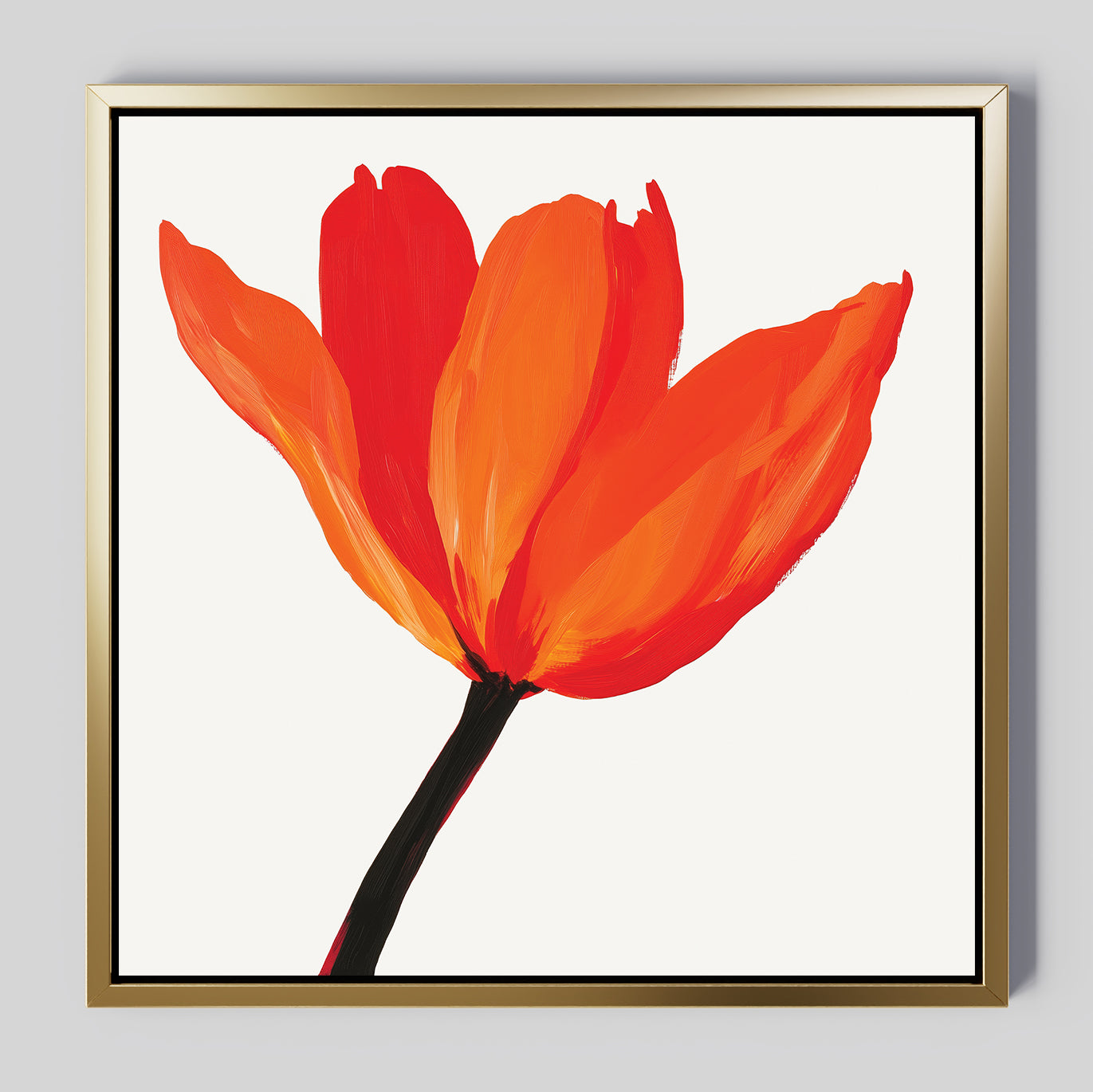 Flame Tulip Canvas Art: A minimalist floral print with a flame tulip of three orange-red petals on a black stem, set against a white background and thin gold frame—perfect decor for your living room.