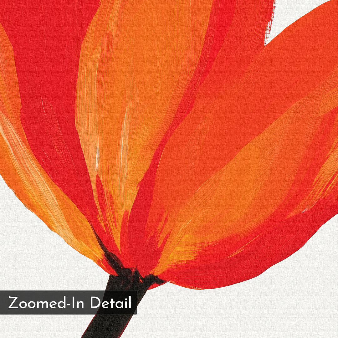 A close-up of Flame Tulip Canvas Art displays textured, vibrant orange and red petals with a black stem—ideal as minimalist floral wall decor. The corner features a label that reads "Zoomed-In Detail.