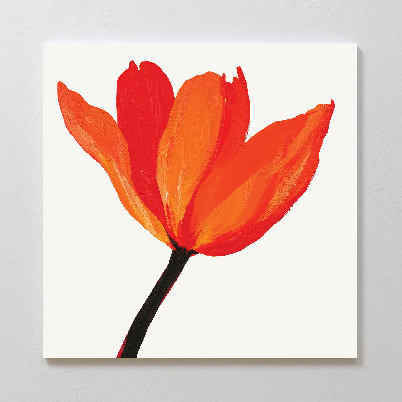 The Flame Tulip Canvas Art features a minimalist red-orange three-petal flower with a dark stem on a white background—ideal for modern living room decor.