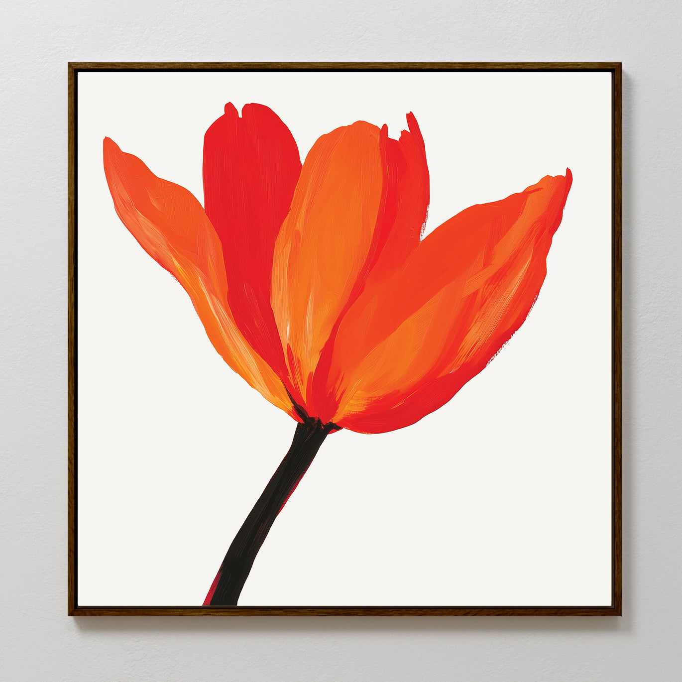 The Flame Tulip Canvas Art is a framed minimalist print showcasing a single orange-red tulip with three petals and a dark stem on a white background—ideal for modern living room decor.