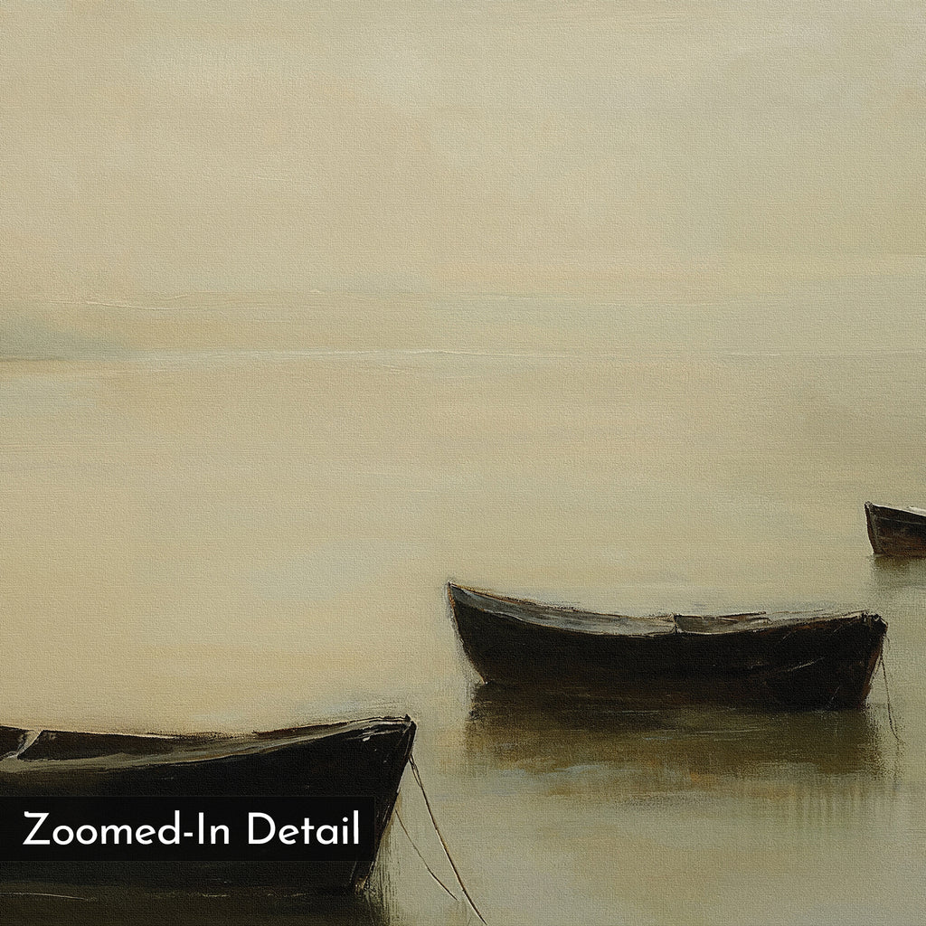 Floating Dreams Canvas Art depicts three small boats on calm, hazy water in muted beige and gray tones. Perfect for serene or living room decor. The words "Zoomed-In Detail" appear in the corner.