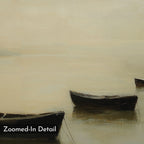 Floating Dreams Canvas Art depicts three small boats on calm, hazy water in muted beige and gray tones. Perfect for serene or living room decor. The words "Zoomed-In Detail" appear in the corner.