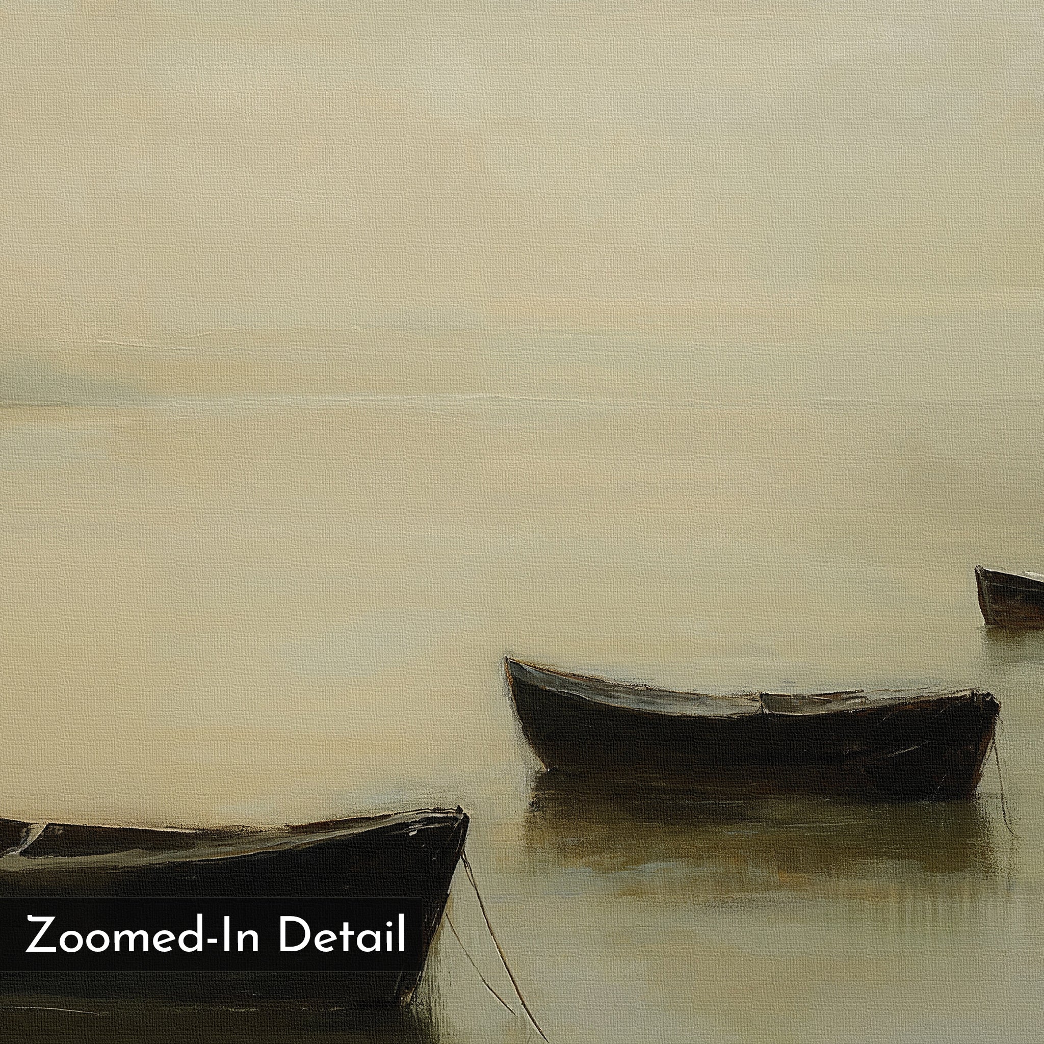 Floating Dreams Canvas Art depicts three small boats on calm, hazy water in muted beige and gray tones. Perfect for serene or living room decor. The words "Zoomed-In Detail" appear in the corner.