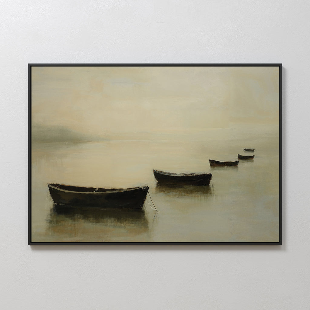 Floating Dreams Canvas Art features four dark rowboats drifting on calm, misty water with a soft beige and gray background—creating a serene, Nordic Park-inspired wall art print that evokes tranquility and quiet reflection.