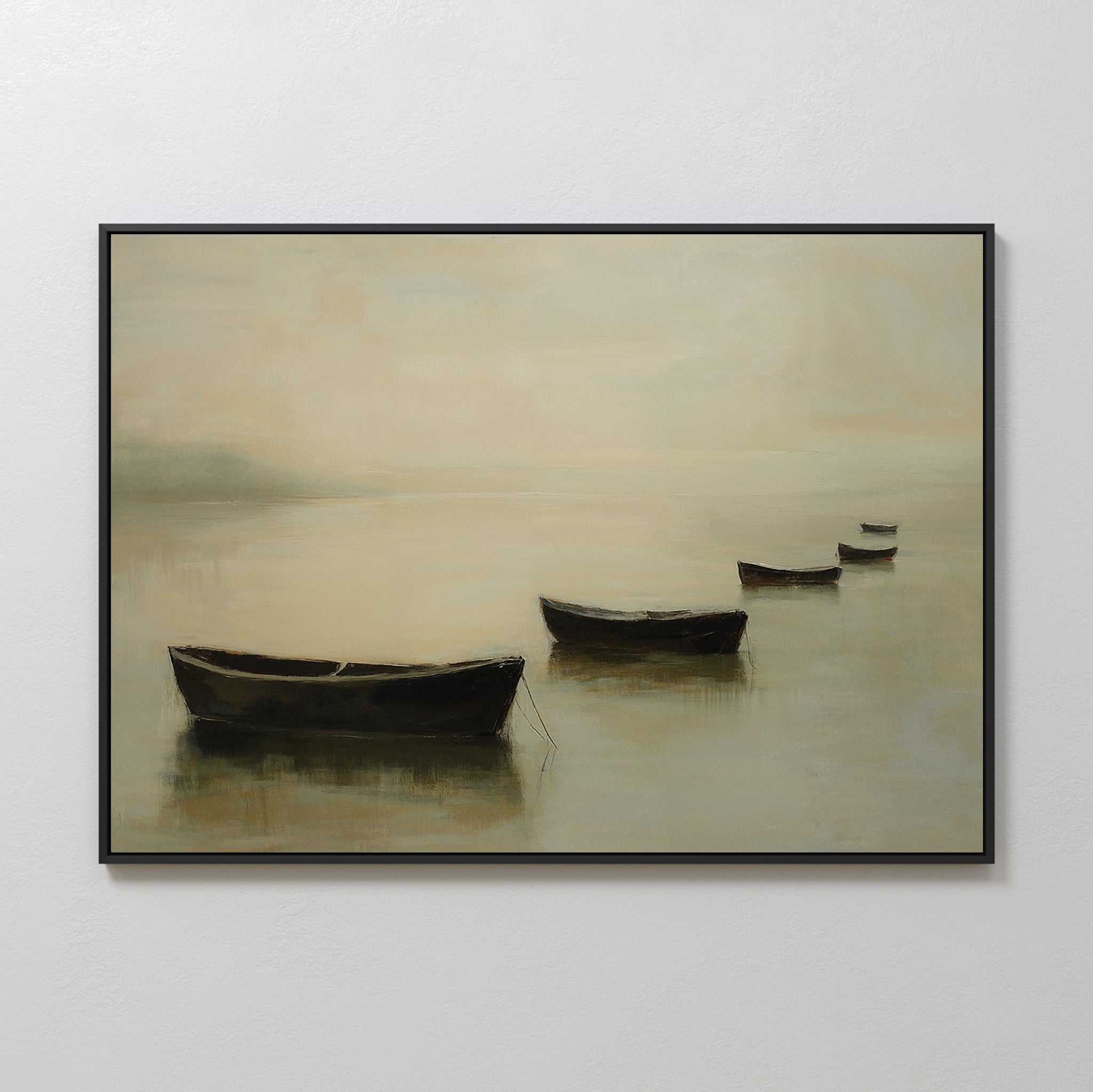 Floating Dreams Canvas Art features four dark rowboats drifting on calm, misty water with a soft beige and gray background—creating a serene, Nordic Park-inspired wall art print that evokes tranquility and quiet reflection.