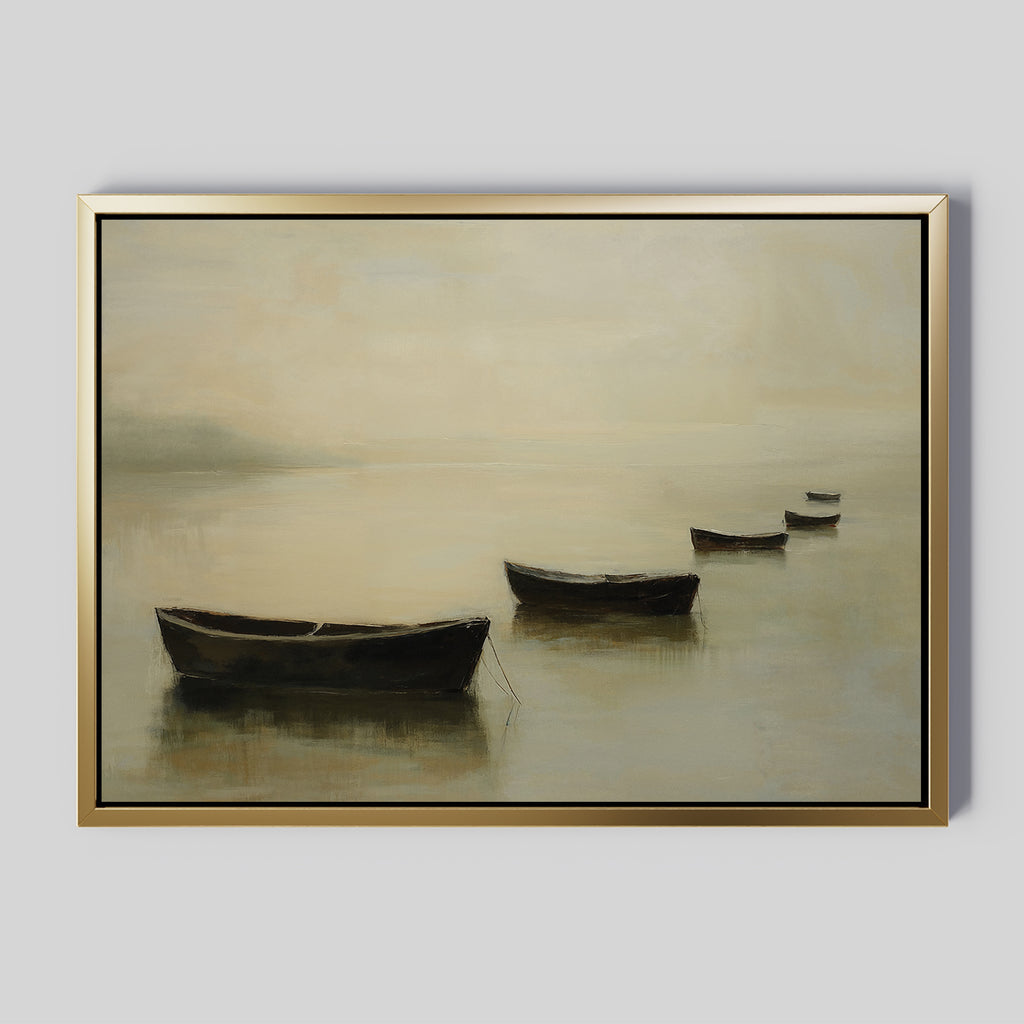 The Floating Dreams Canvas Art features four dark rowboats on misty water in muted beige tones. Finished with a gold frame, it brings serene, Nordic Park-inspired minimalism to your space—a perfect touch of calm and style.