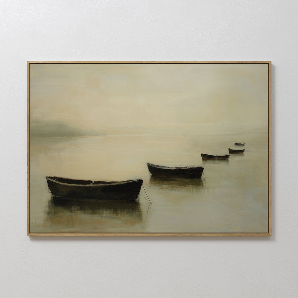Floating Dreams Canvas Art features four dark rowboats on calm, misty water with a soft background—perfect for adding Nordic-inspired serenity and peaceful decor to any room.