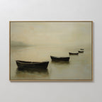 Floating Dreams Canvas Art features four dark rowboats on calm, misty water with a soft background—perfect for adding Nordic-inspired serenity and peaceful decor to any room.