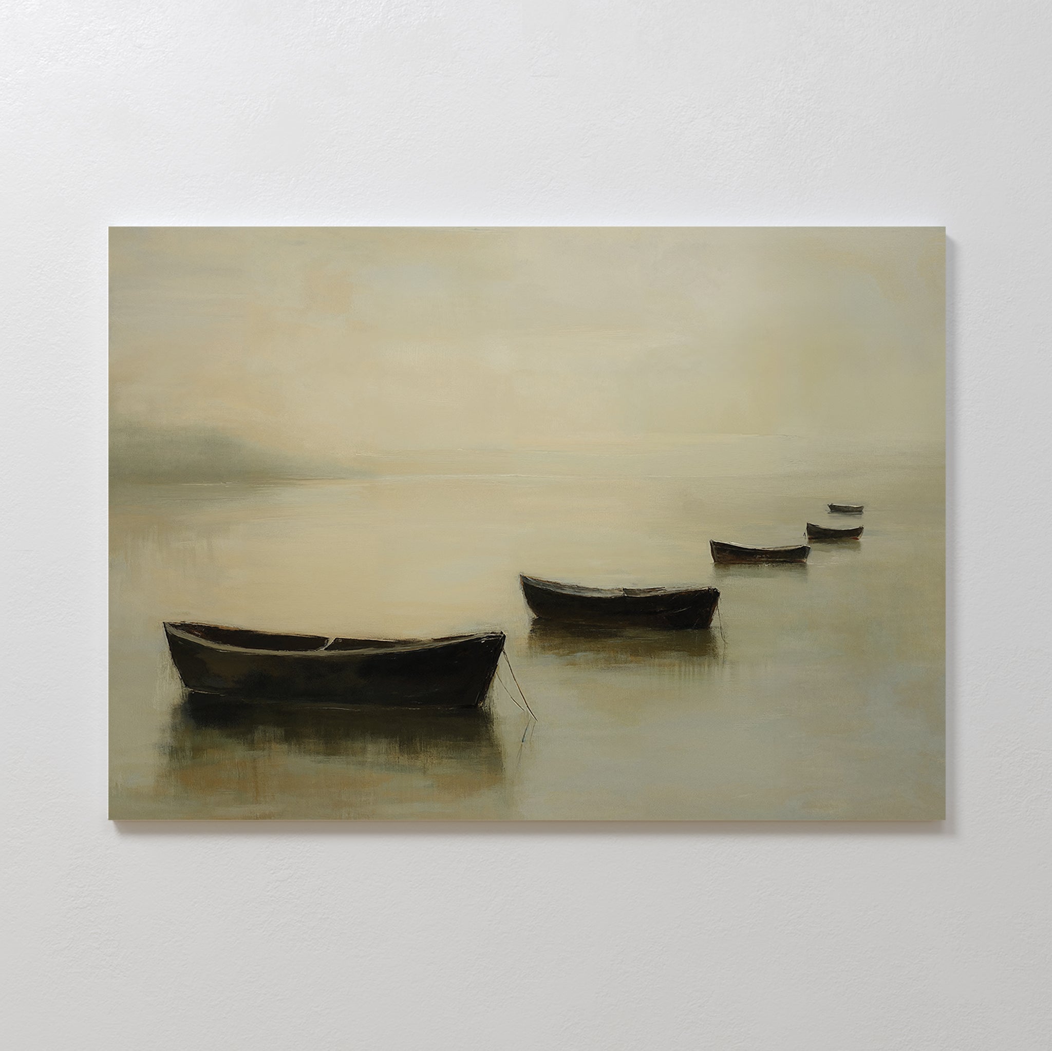 The Floating Dreams Canvas Art features four small rowboats drifting on calm, misty water. With soft colors and a peaceful atmosphere, it’s ideal for adding serene decor to any room.