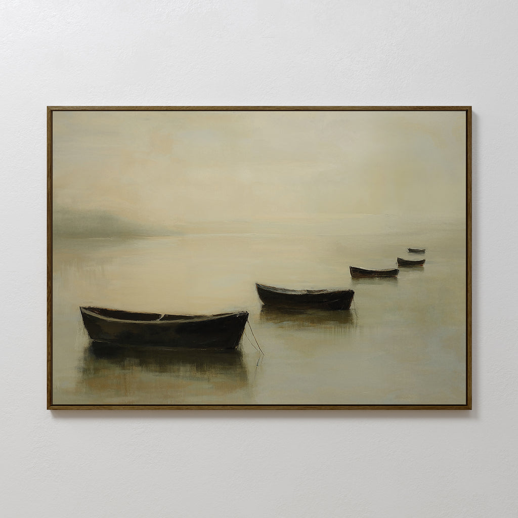 Floating Dreams Canvas Art features four small rowboats on calm, misty water in soft neutrals—ideal for creating a serene, minimalist atmosphere and tranquil decor in any space.