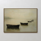 Floating Dreams Canvas Art features four small rowboats on calm, misty water in soft neutrals—ideal for creating a serene, minimalist atmosphere and tranquil decor in any space.