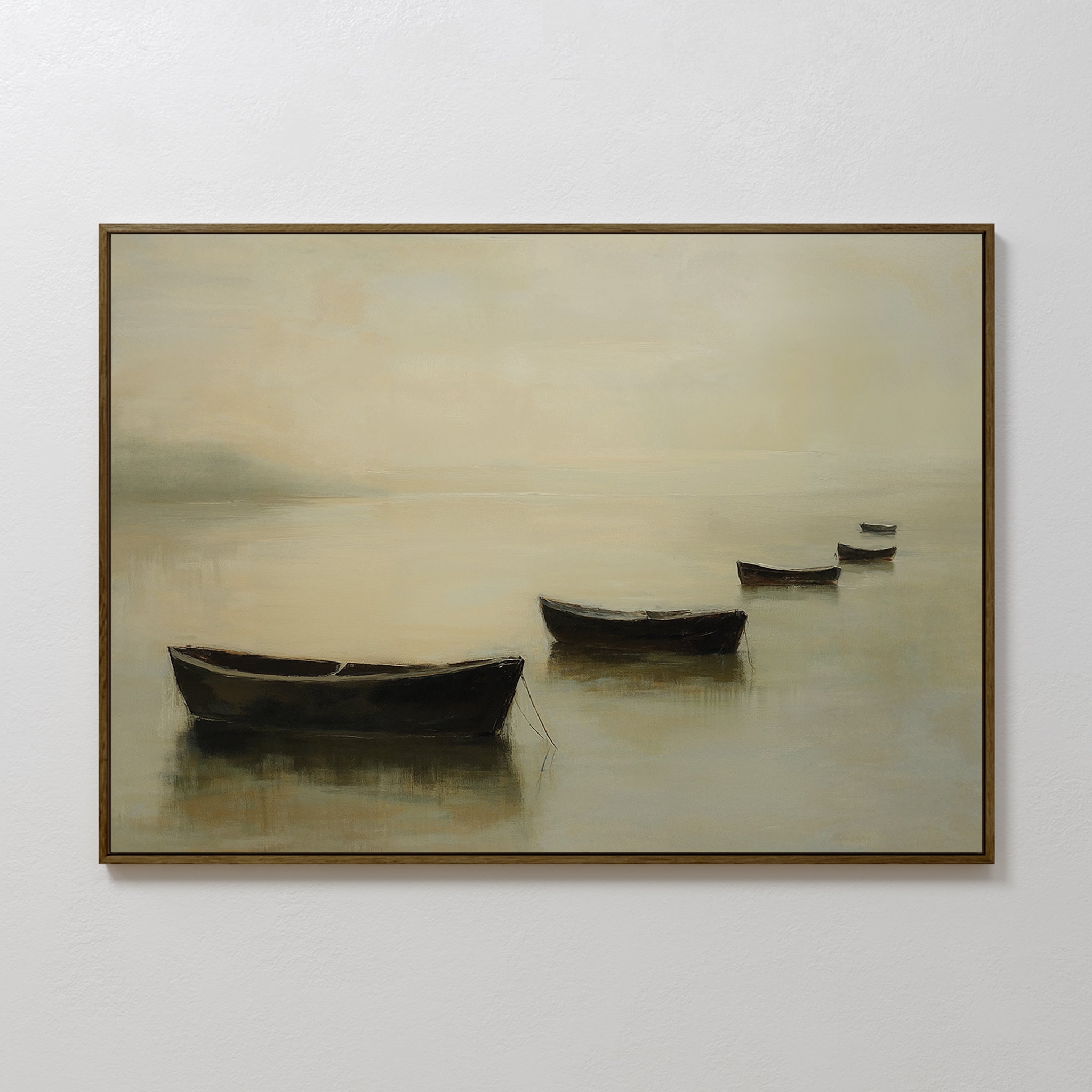 Floating Dreams Canvas Art features four small rowboats on calm, misty water in soft neutrals—ideal for creating a serene, minimalist atmosphere and tranquil decor in any space.