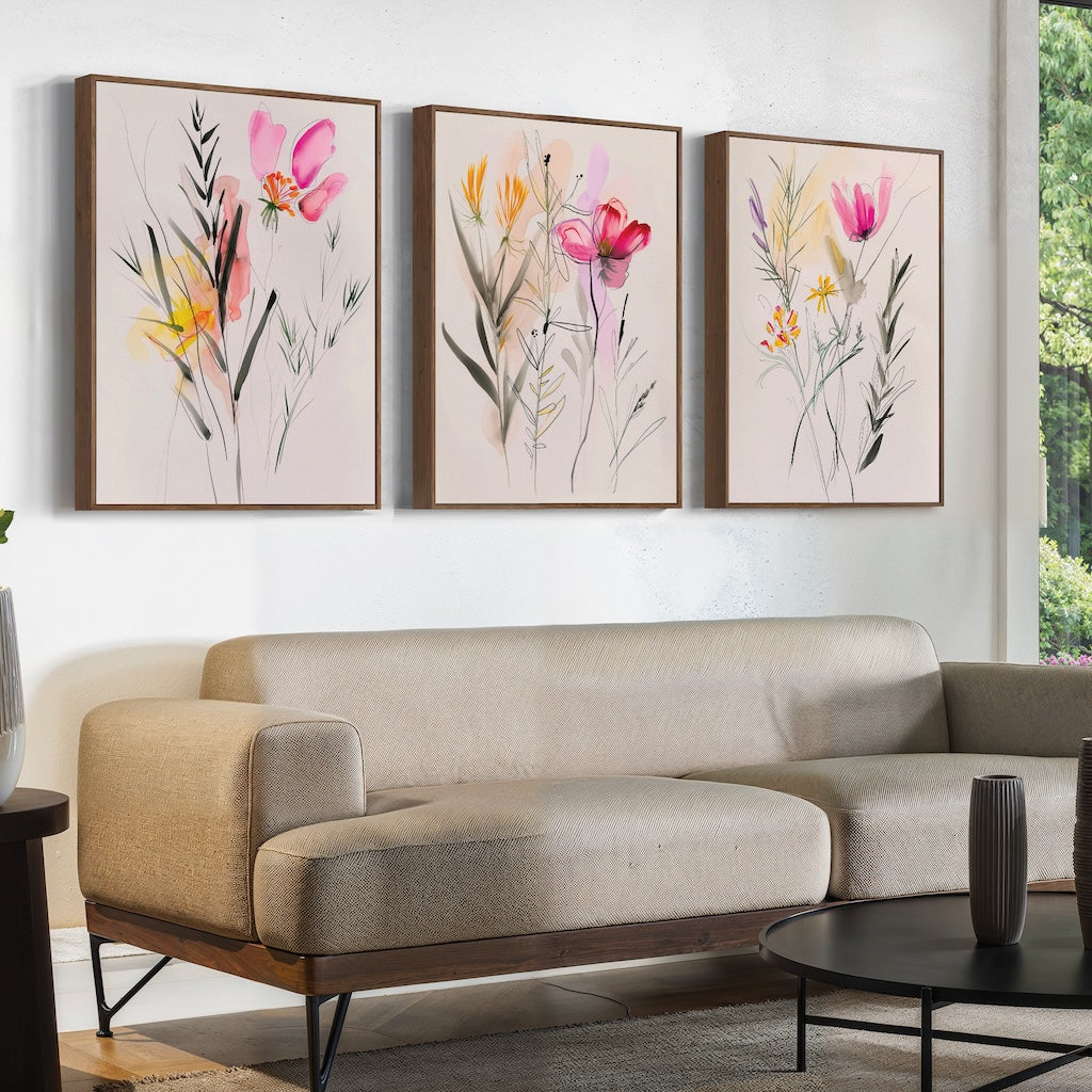 A modern living room features a beige sofa, round black coffee table, and the Floral Harmony Set of 3—framed floral wall art in pink, yellow, and green—adding chic style to the white walls.