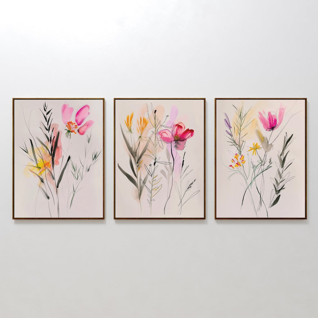 The Floral Harmony Set of 3 features vibrant pink, yellow, and red abstract floral prints with pastel pink backgrounds in matching frames—ideal minimalist wall art for a modern living room.