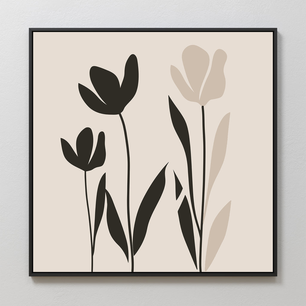 Floral Simplicity Canvas Art showcases three abstract flowers with solid black and beige shapes for petals and leaves, set on a light background and framed in a thin black frame—ideal for vintage-inspired decor.