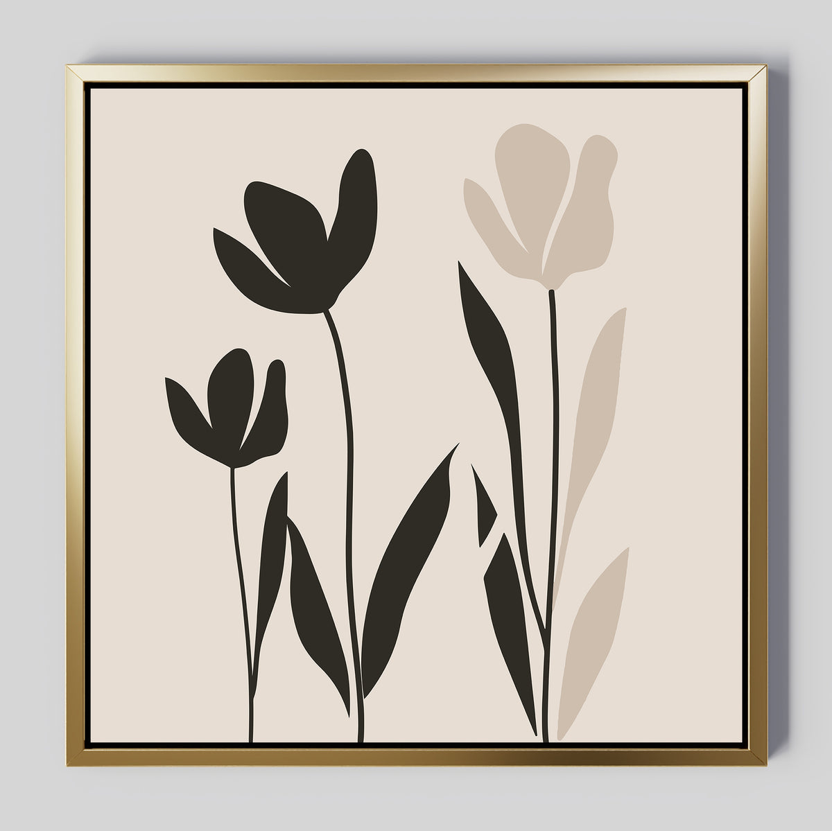 Floral Simplicity Canvas Art features three abstract tulips with black and beige petals on a light beige background, framed in gold. This modern canvas print blends clean lines and pairs beautifully with vintage-inspired decor.