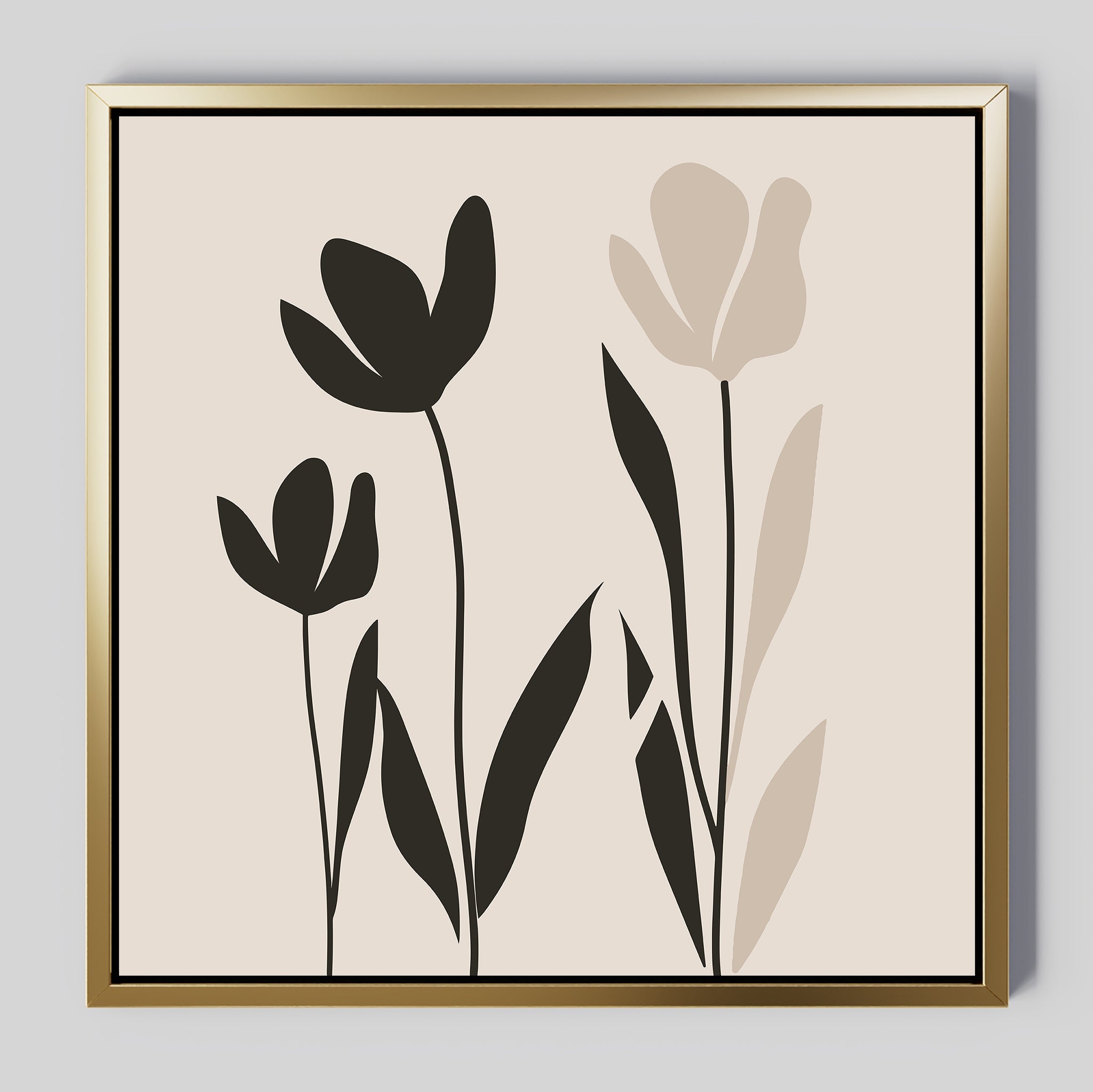 Floral Simplicity Canvas Art features three abstract tulips with black and beige petals on a light beige background, framed in gold. This modern canvas print blends clean lines and pairs beautifully with vintage-inspired decor.