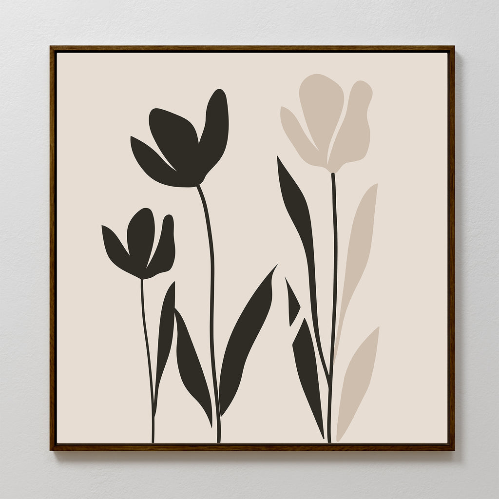 Floral Simplicity Canvas Art showcases three tulip-style flowers with long leaves in black and beige silhouettes on a light background, framed by a slim dark wood border—ideal for vintage-inspired decor.