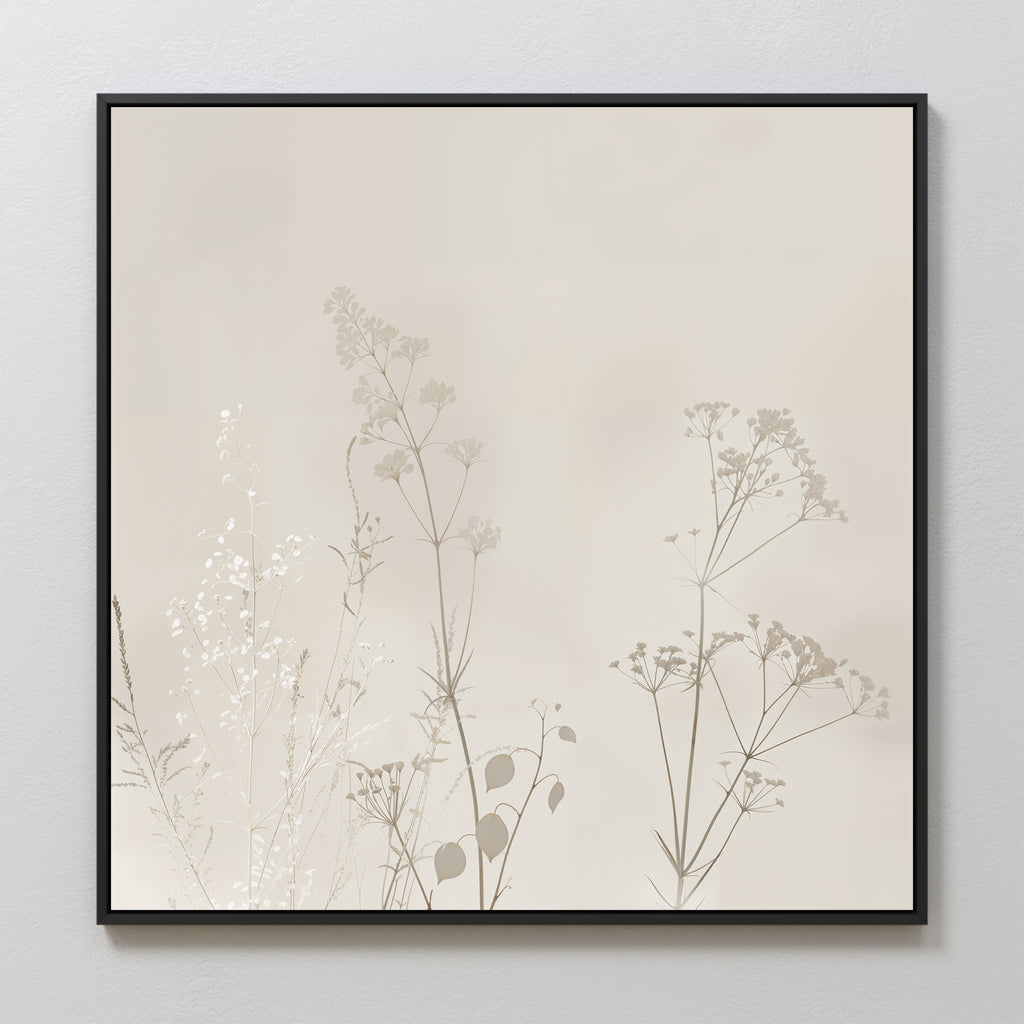 Floral Symphony Abstract Canvas Art showcases delicate, neutral wildflower silhouettes on a light beige background in a sleek black frame—an elegant, minimalist addition to your living room decor.