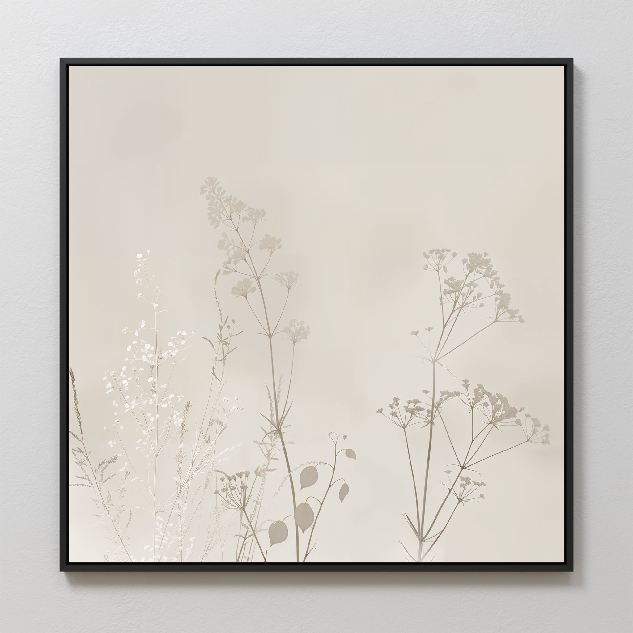 Floral Symphony Abstract Canvas Art showcases delicate, neutral wildflower silhouettes on a light beige background in a sleek black frame—an elegant, minimalist addition to your living room decor.
