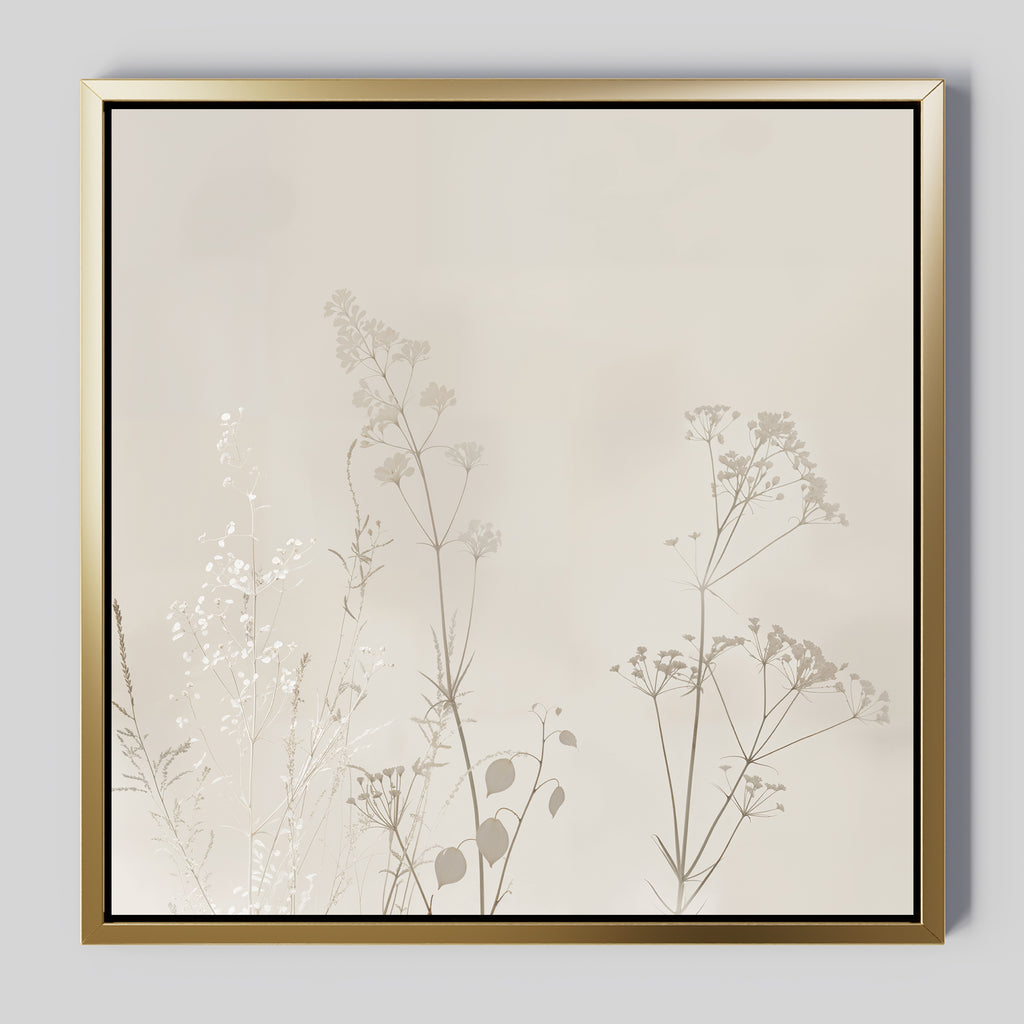 Floral Symphony Abstract Canvas Art showcases delicate, neutral-toned botanical silhouettes of wildflowers and grasses on a light beige background with a sleek gold and black frame—perfect for elevating your living room decor.