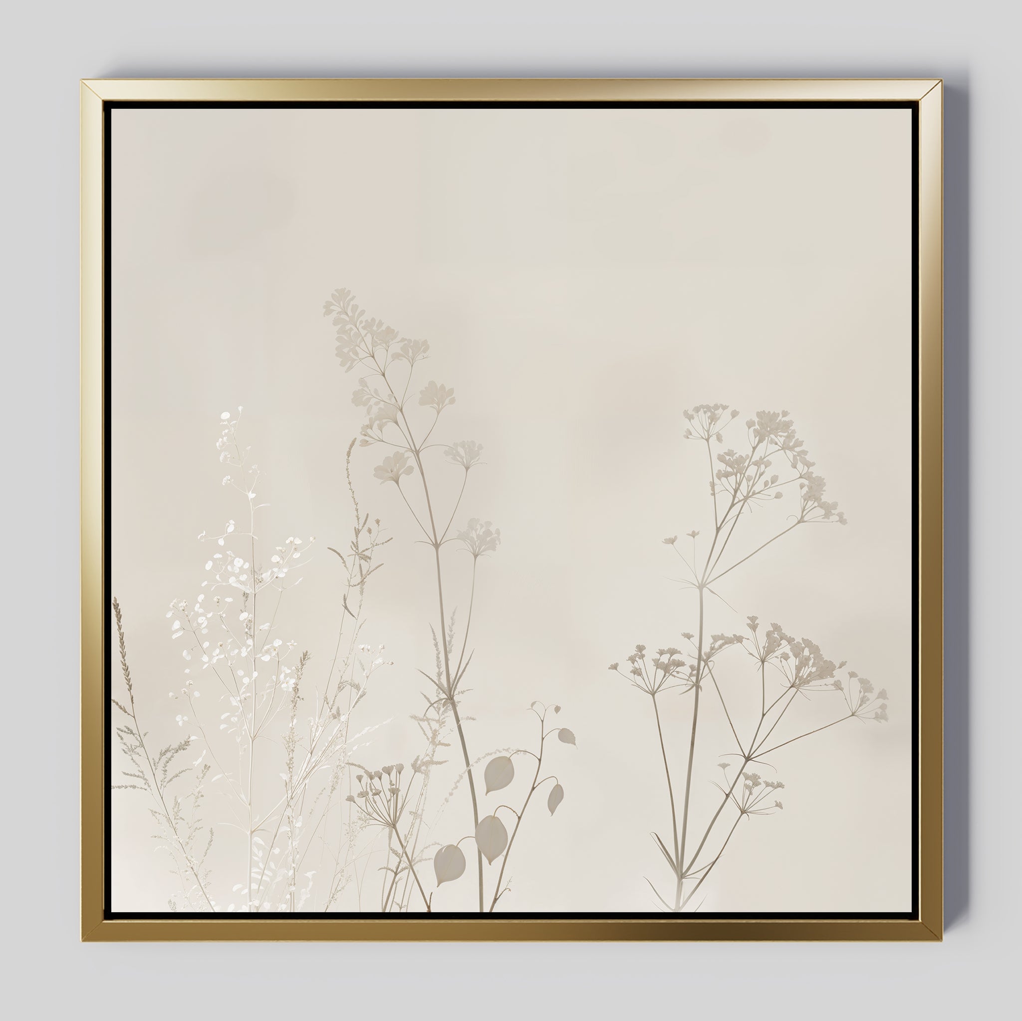 Floral Symphony Abstract Canvas Art showcases delicate, neutral-toned botanical silhouettes of wildflowers and grasses on a light beige background with a sleek gold and black frame—perfect for elevating your living room decor.