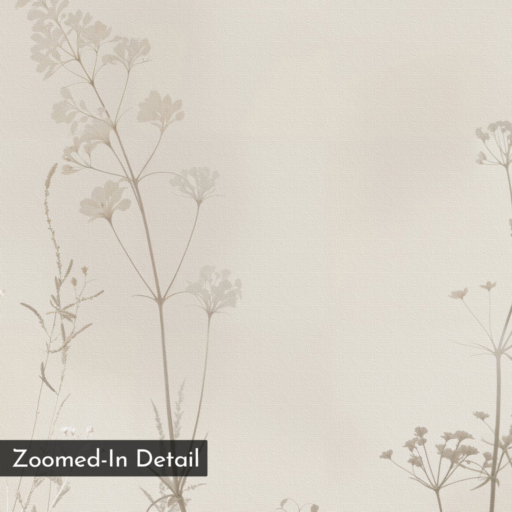 Zoomed-in view of Floral Symphony Abstract Canvas Art, featuring a subtle beige floral pattern with delicate light brown wildflowers and thin stems. Ideal as minimalist wall art or living room decor. Corner label reads: Zoomed-In Detail.