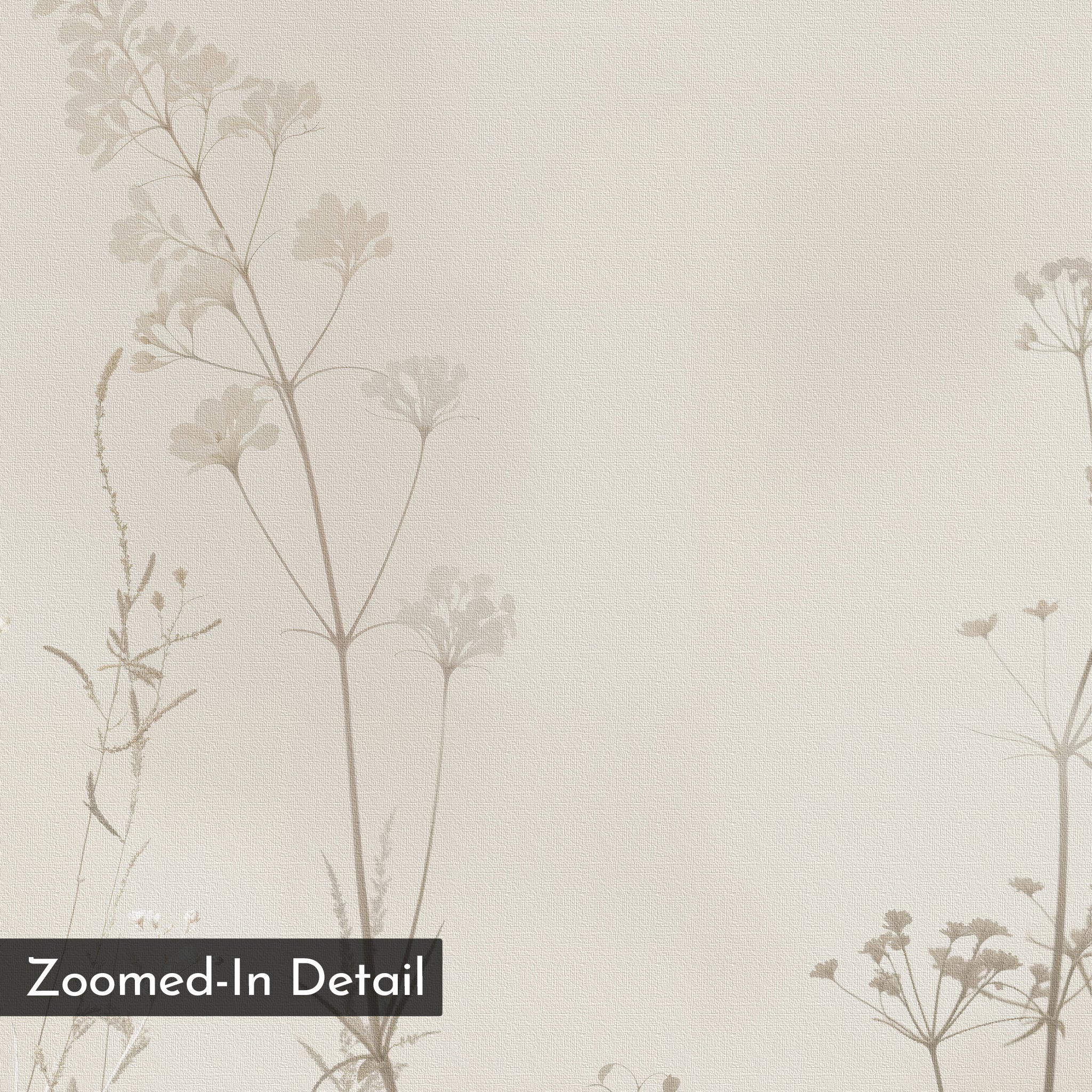 Zoomed-in view of Floral Symphony Abstract Canvas Art, featuring a subtle beige floral pattern with delicate light brown wildflowers and thin stems. Ideal as minimalist wall art or living room decor. Corner label reads: Zoomed-In Detail.