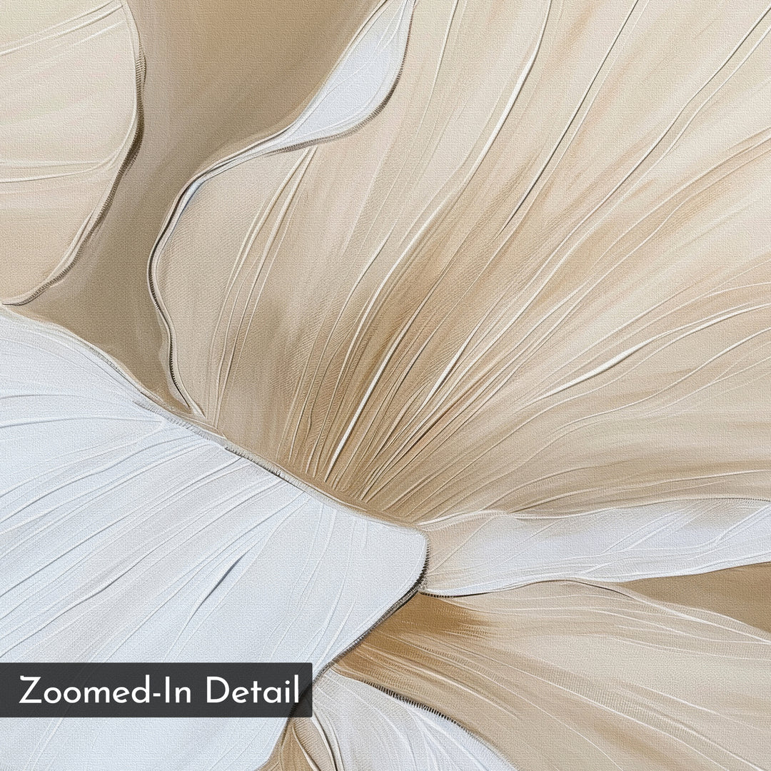 Close-up of light beige and white fabric with delicate pleats and flowing lines, evoking print texture. Reminiscent of minimalist wall art, this detail reflects the essence of Floral Whisper Abstract Canvas Art. Label in the corner reads “Zoomed-In Detail.”.