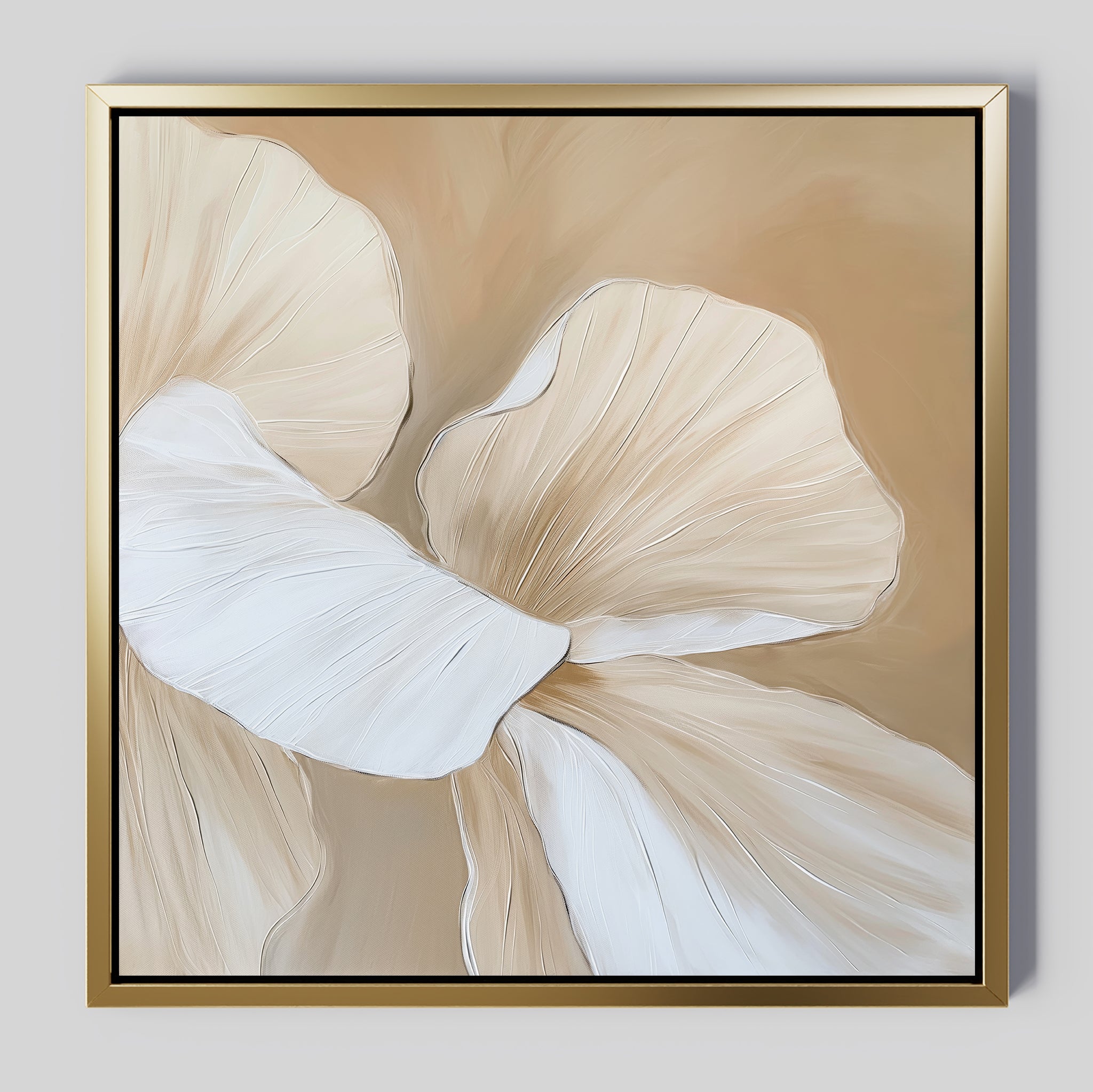 Floral Whisper Abstract Canvas Art features two flower petals in soft beige and white, with delicate lines and smooth texture. This minimalist piece is framed in thin gold and black, set against a neutral background for elegant wall decor.