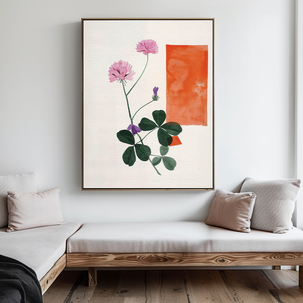 A modern living room with light wood benches, beige cushions, and the Flower Blooms Abstract Canvas Art—featuring pink flowers, green leaves, and an orange abstract rectangle—adds a touch of minimalist decor.